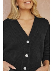 črna - Yumi Daisy Button Knitted Relaxed Fit pletena jopa - Slika 3 iz 5