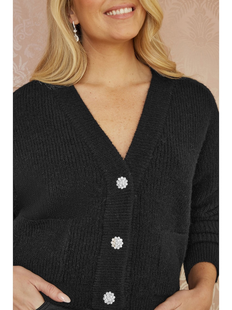 Yumi Black Daisy Button Knitted Relaxed Fit Cardigan - Image 3 of 5