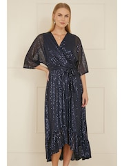 Yumi Blue Sequin Kimono Midi Wrap Dress - Image 1 of 5