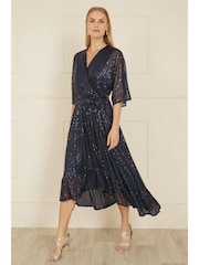 Yumi Blue Sequin Kimono Midi Wrap Dress - Image 2 of 5