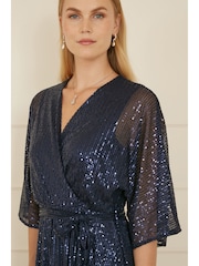 Yumi Blue Sequin Kimono Midi Wrap Dress - Image 3 of 5