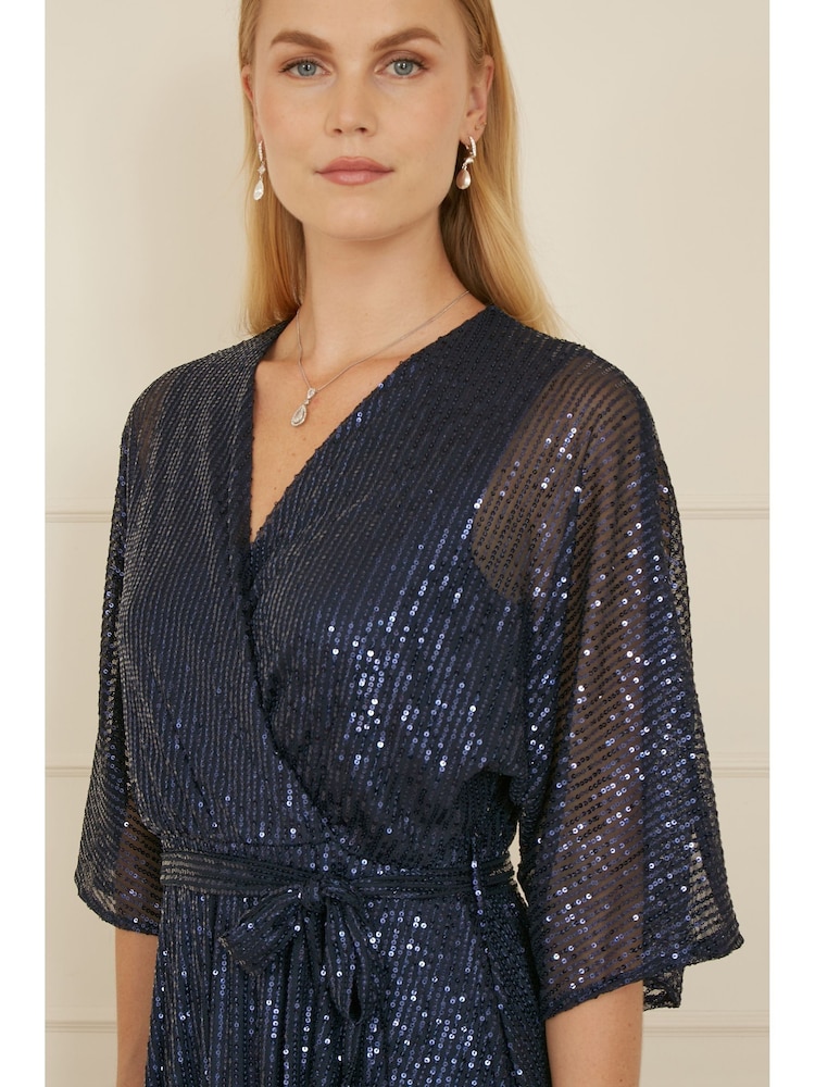 Yumi Blue Sequin Kimono Midi Wrap Dress - Image 3 of 5