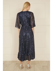 Yumi Blue Sequin Kimono Midi Wrap Dress - Image 4 of 5