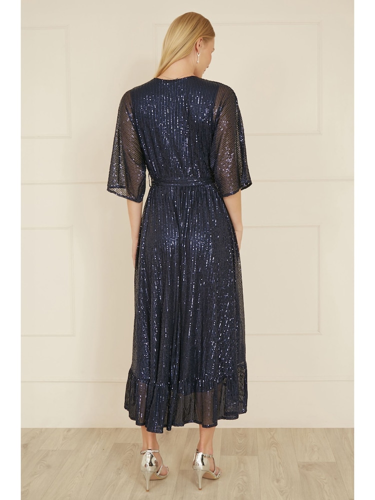 Yumi Blue Sequin Kimono Midi Wrap Dress - Image 4 of 5