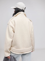 Simply Be Cream Ecru Boiled Faux Wool Biker Jacket - Image 2 of 4