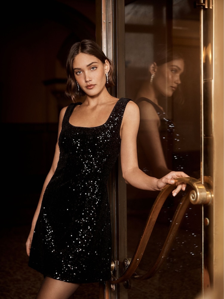 Forever New Black Katie Sequin Mini Dress - Image 1 of 9
