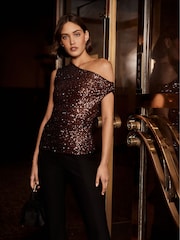 Forever New Brown Kaylene Sequin One Shoulder Top - Image 1 of 8