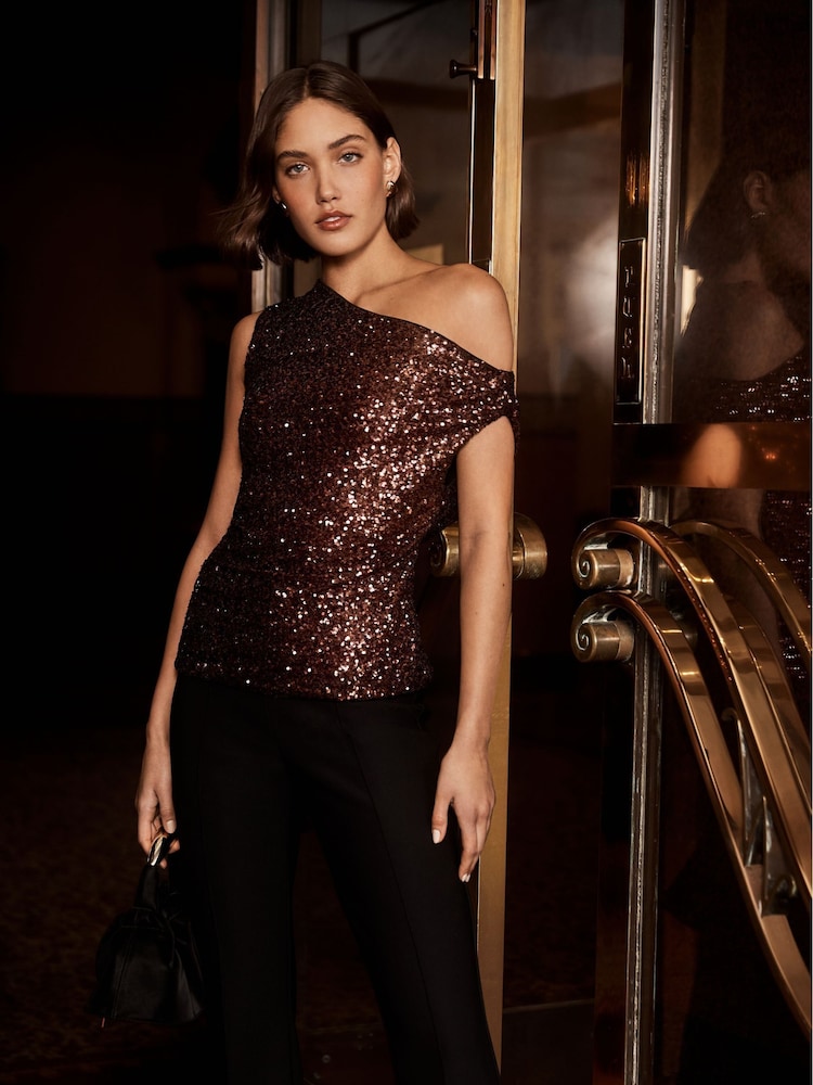 Forever New Brown Kaylene Sequin One Shoulder Top - Image 1 of 8