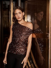 Forever New Brown Kaylene Sequin One Shoulder Top - Image 2 of 8