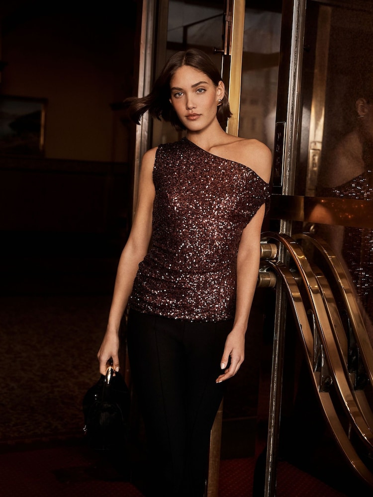 Forever New Brown Kaylene Sequin One Shoulder Top - Image 3 of 8