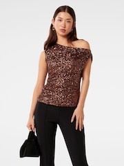 Forever New Brown Kaylene Sequin One Shoulder Top - Image 4 of 8