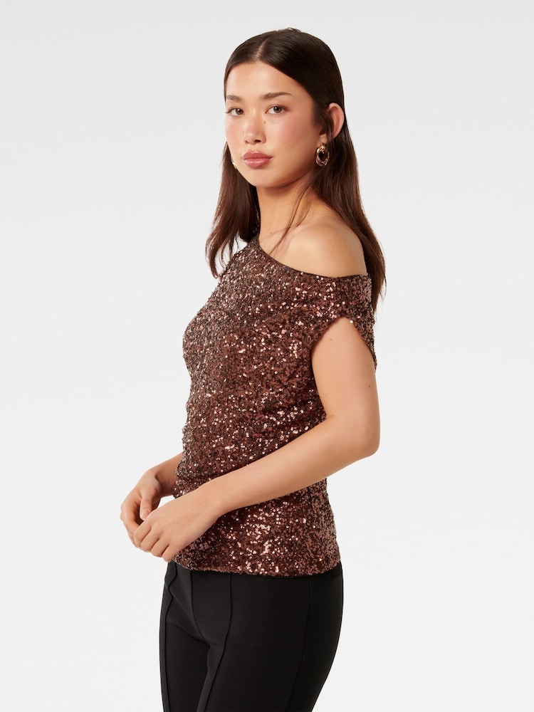 Forever New Brown Kaylene Sequin One Shoulder Top - Image 6 of 8