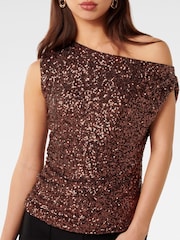 Forever New Brown Kaylene Sequin One Shoulder Top - Image 8 of 8