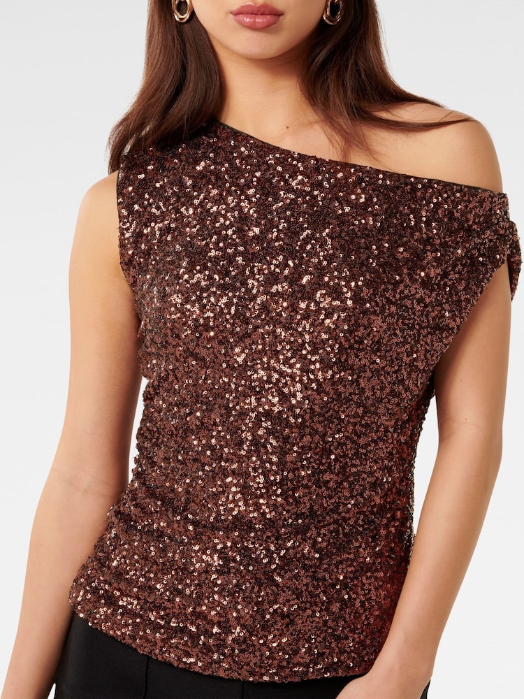 Forever New Brown Kaylene Sequin One Shoulder Top - Image 8 of 8
