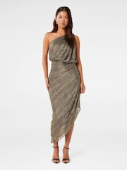 Forever New Gold Cassidy One Shoulder Plisse Midi Dress - Image 1 of 4