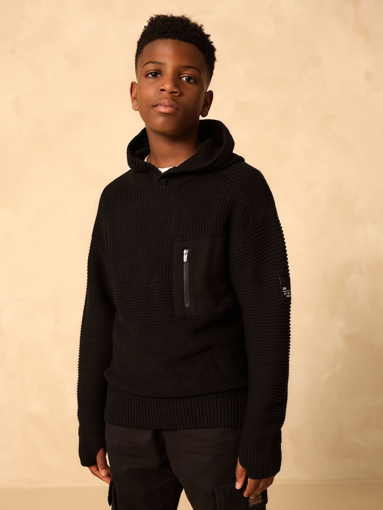 Black Utility Knitted Hoodie (3-16yrs) - Image 1 of 4