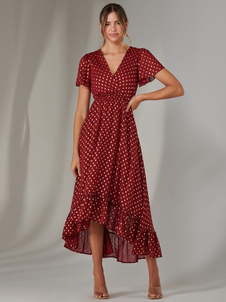 Jolie Moi Red Chiffon Short Sleeve Midaxi Dress - Image 1 of 6