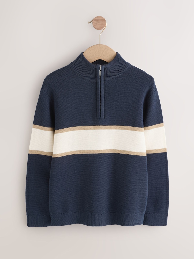 Navy Blue Colourblock Zip Neck Knitted Jumper (3-16yrs) - Image 1 of 4