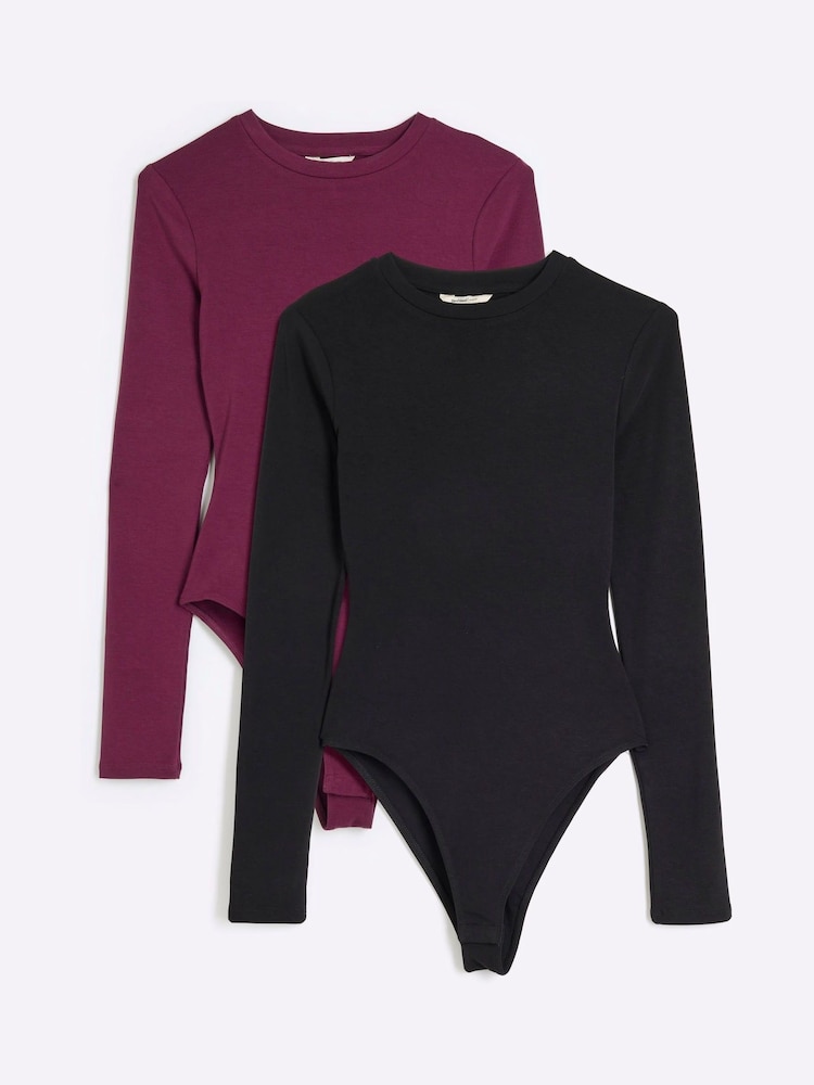 River Island Burgundy Crew Neck 100% Cotton Bodies 2 Pack - Imagen 1 de 5