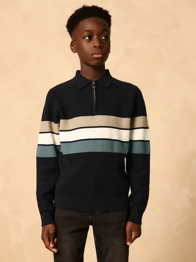 Black Stripe Long Sleeve Zip Neck Knitted Polo Shirt (3-16yrs) - Image 1 of 8 Black Stripe Long Sleeve Zip Neck Knitted Polo Shirt (3-16yrs) - Image 1 of 8