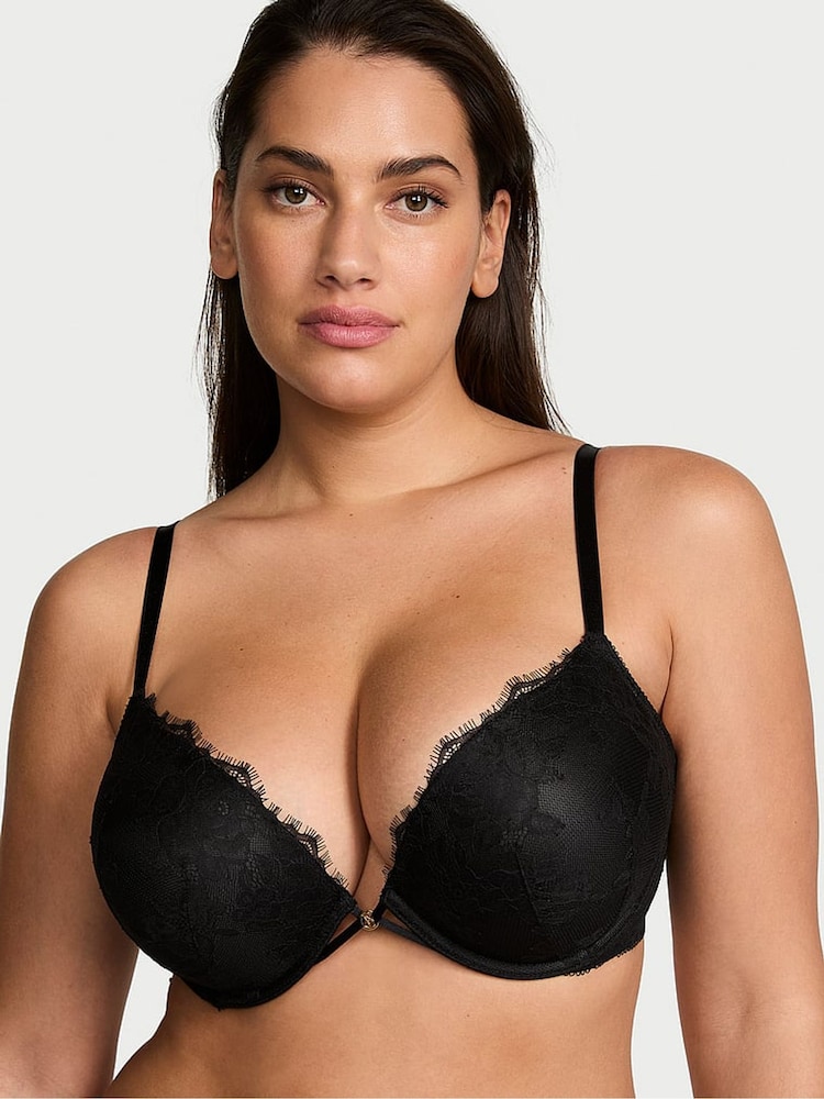 Victoria's Secret Black Add 2 Cups Push Up Bombshell Rose Lace Bra - Image 1 of 3