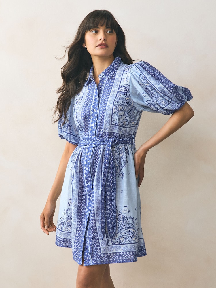 Light Blue Paisley Puff Sleeve Tie Waist Mini Shirt Dress - Image 1 of 3