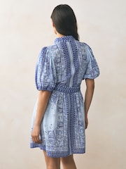 Light Blue Paisley Puff Sleeve Tie Waist Mini Shirt Dress - Image 3 of 3