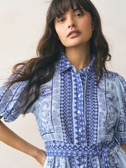 Light Blue Paisley Mini Puff Sleeve Tie Waist Shirt Dress - Image 4 of 7