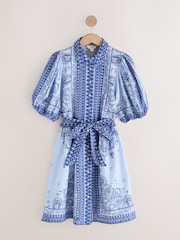 Light Blue Paisley Mini Puff Sleeve Tie Waist Shirt Dress - Image 5 of 7
