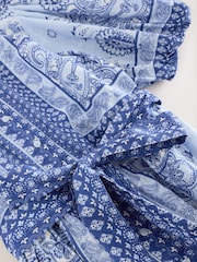 Light Blue Paisley Mini Puff Sleeve Tie Waist Shirt Dress - Image 6 of 7