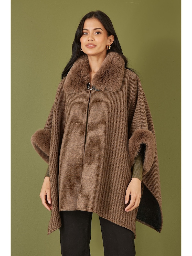 Yumi Brown Ponchos With Luxe Faux Fur Trim And Lining - Image 1 of 5