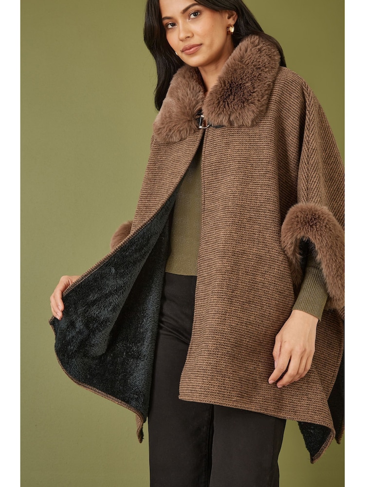 Yumi Brown Ponchos With Luxe Faux Fur Trim And Lining - Image 3 of 5