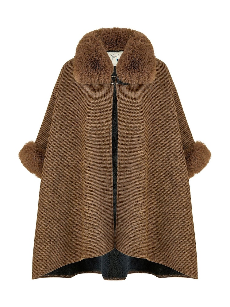Yumi Brown Ponchos With Luxe Faux Fur Trim And Lining - Image 5 of 5