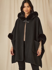 Yumi Black Cape With Luxe Faux Fur Trim And Lining Poncho - Image 1 of 5
