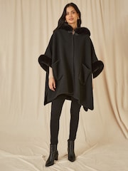 Yumi Black Cape With Luxe Faux Fur Trim And Lining Poncho - Image 2 of 5