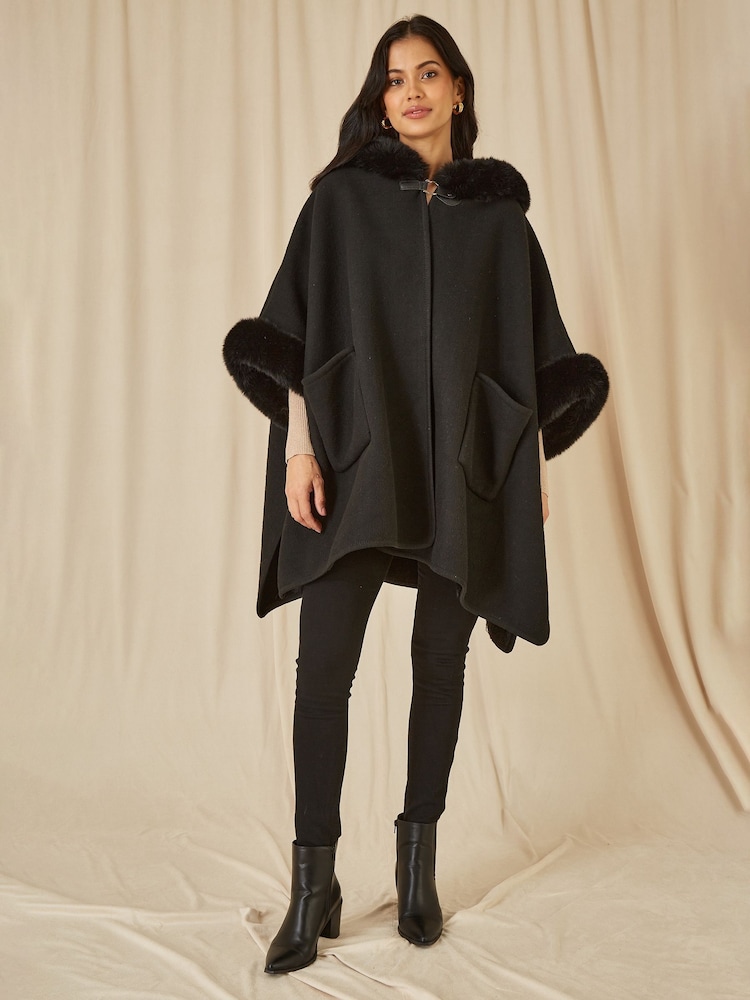 Yumi Black Cape With Luxe Faux Fur Trim And Lining Poncho - Image 2 of 5