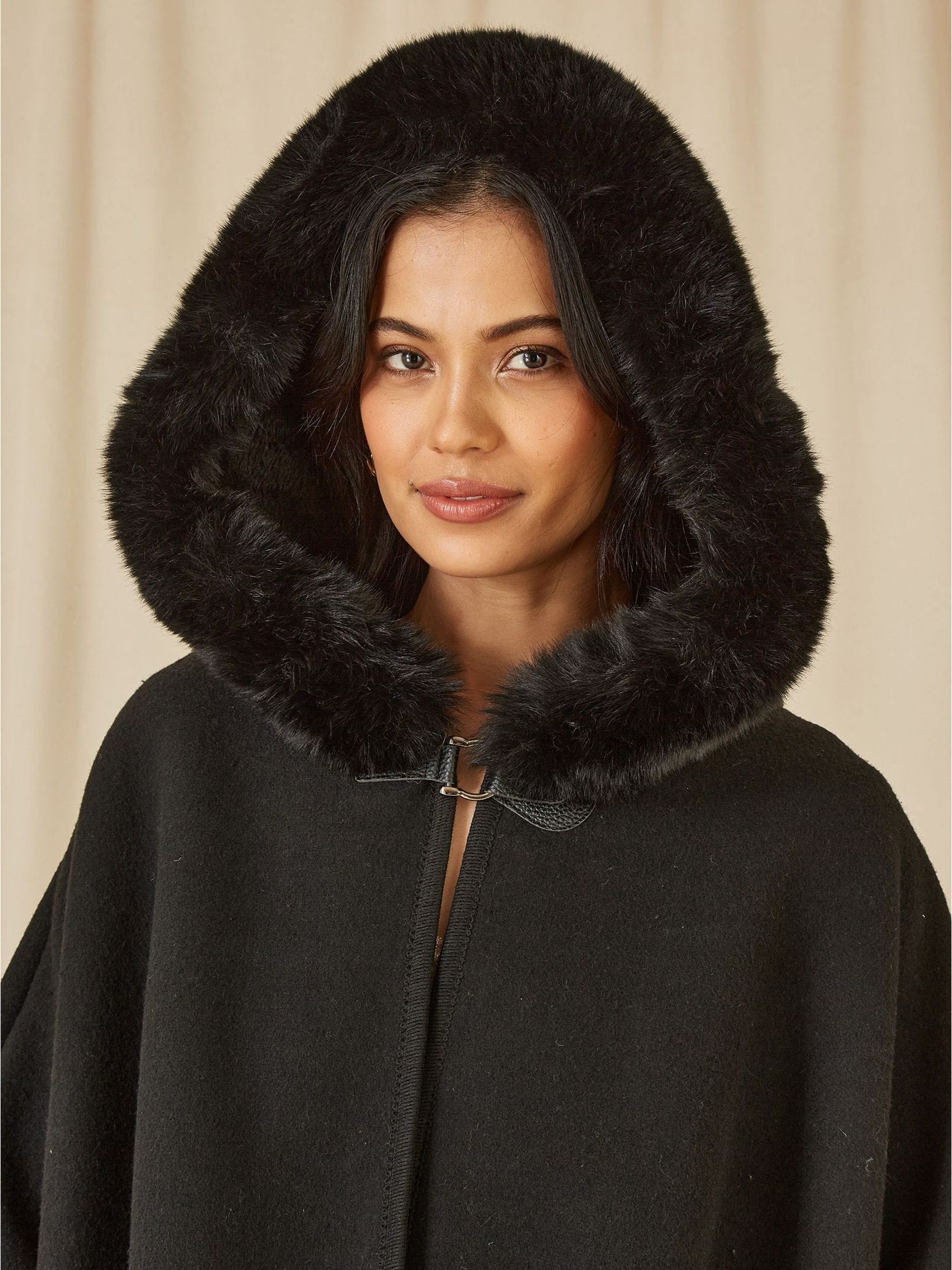 Buy Yumi Black Cape With Luxe Faux Fur Trim And Lining Poncho from