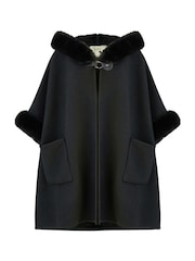 Yumi Black Cape With Luxe Faux Fur Trim And Lining Poncho - Image 5 of 5