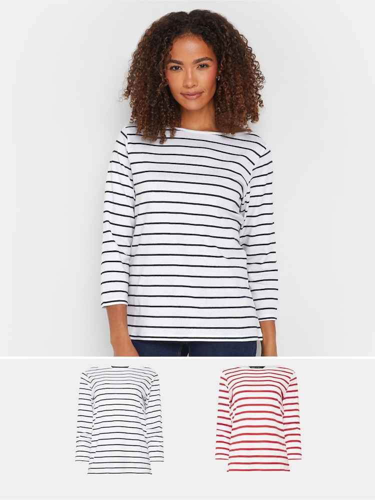 M&Co Red/Navy Blue Striped Slash Neck 100% Cotton T-Shirts 2 Pack - Image 1 of 8