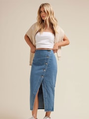 PixieGirl Petite Blue Asymetric Button 100% Cotton Skirt - Image 1 of 6