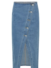 PixieGirl Petite Blue Asymetric Button 100% Cotton Skirt - Image 6 of 6