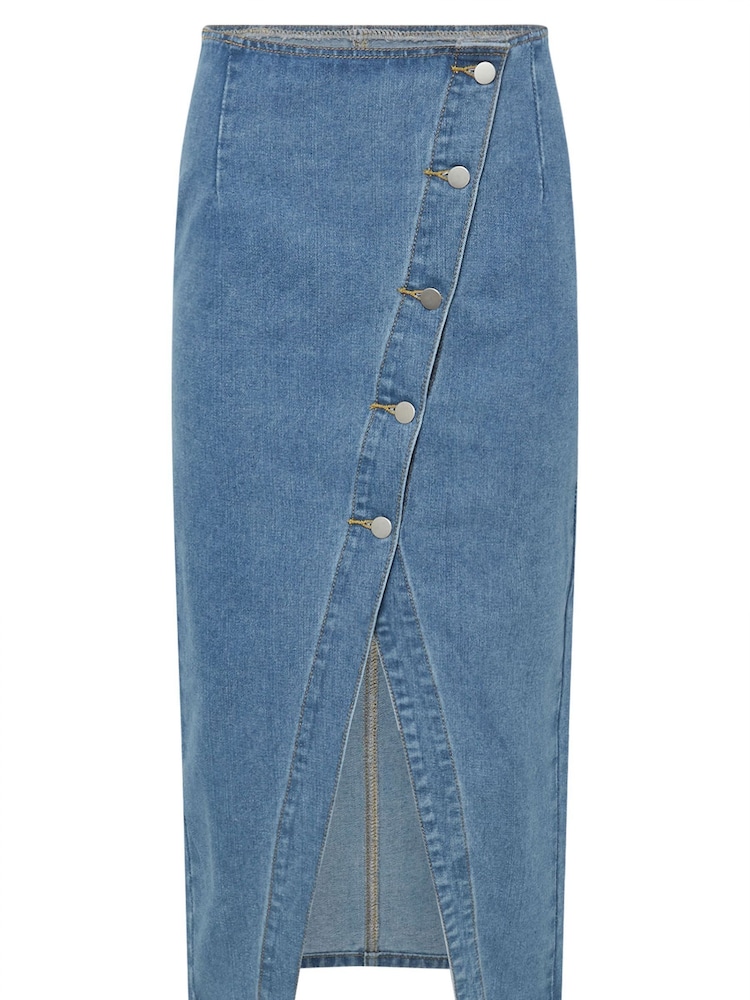 PixieGirl Petite Blue Asymetric Button 100% Cotton Skirt - Image 6 of 6