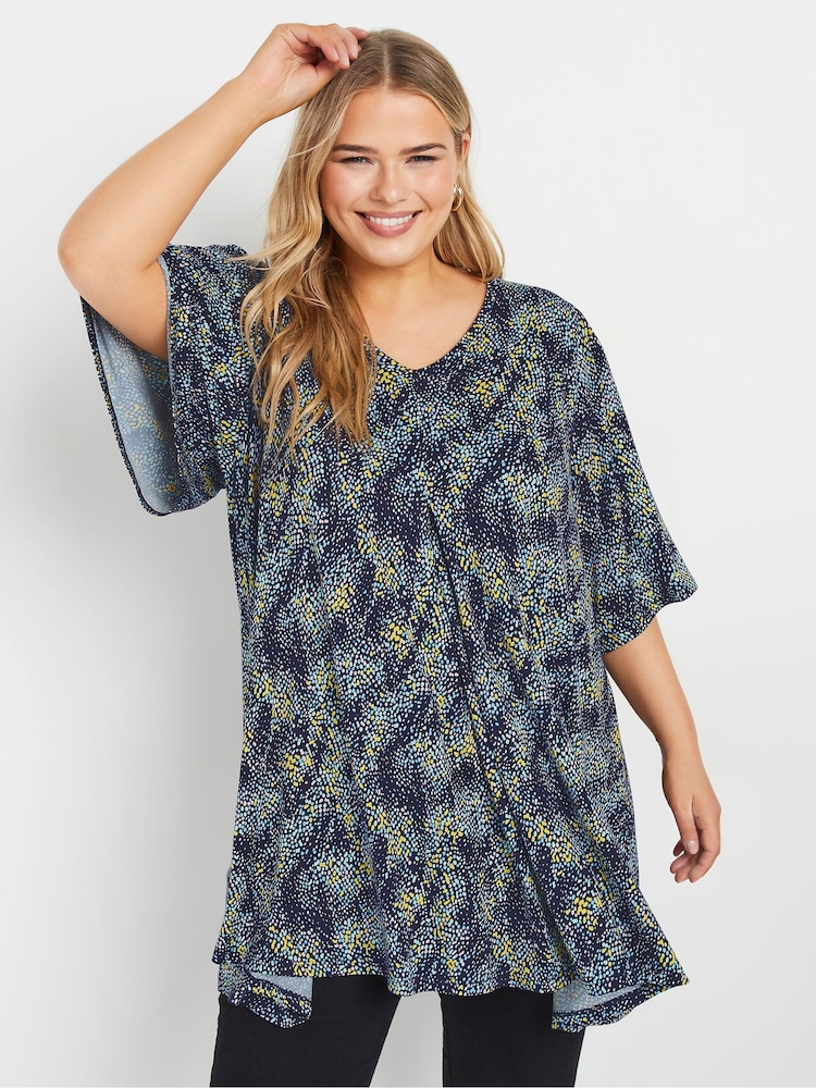 Yours Curve Blue Abstract Pleated Front Swing Top - Image 1 of 6