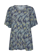 Yours Curve Blue Abstract Pleated Front Swing Top - Image 6 of 6
