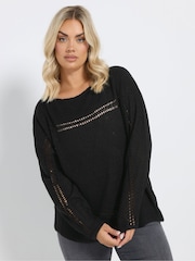 Yours Curve Black Knitted Pointelle Jumper - Image 1 of 5