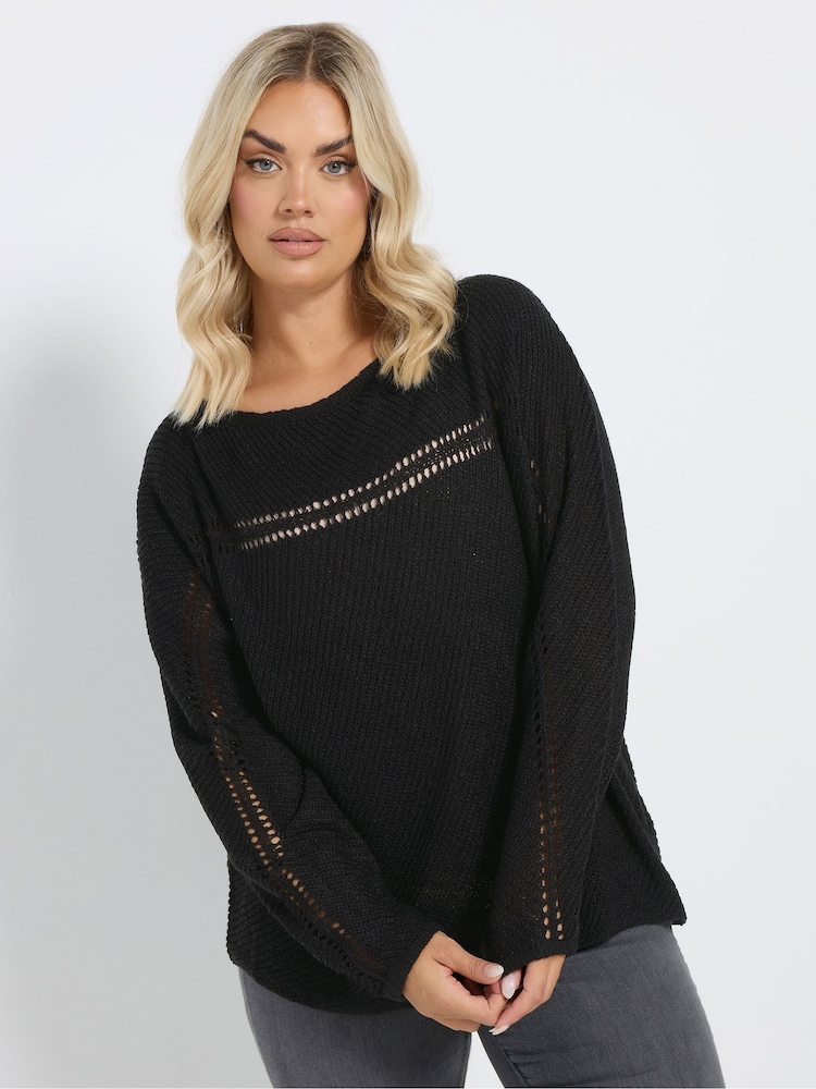 Yours Curve Black Knitted Pointelle Jumper - Image 1 of 5