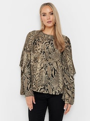 Long Tall Sally Brown Snake Print Frill Sleeve Blouse - Image 1 of 5