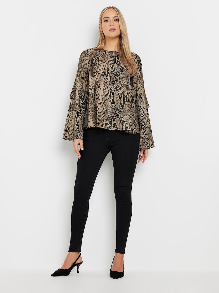 Long Tall Sally Brown Snake Print Frill Sleeve Blouse - Image 2 of 5
