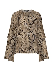 Long Tall Sally Brown Snake Print Frill Sleeve Blouse - Image 5 of 5