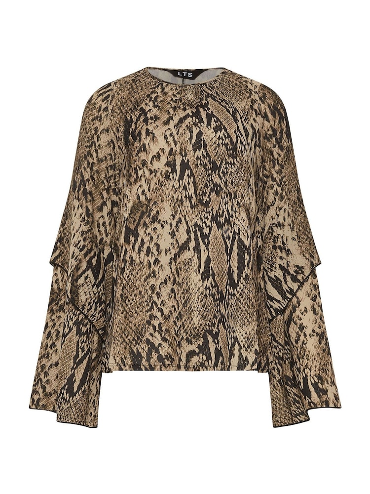 Long Tall Sally Brown Snake Print Frill Sleeve Blouse - Image 5 of 5
